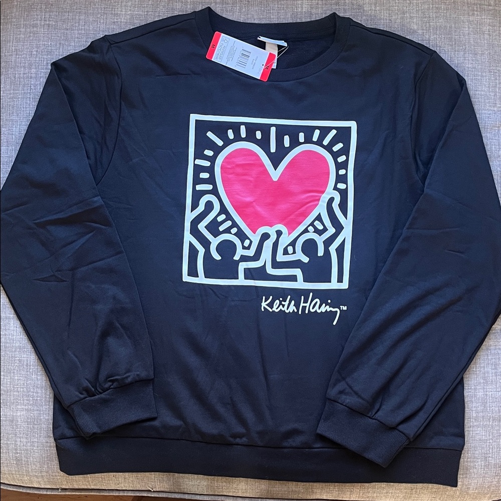 Keith Haring Black Dancing Heart Graphic Pullover Light Sweatshirt Valentine M
